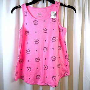 NWT Girls Justice Pink Tank Top w/Cat & Heart Repeating Print, Size 12